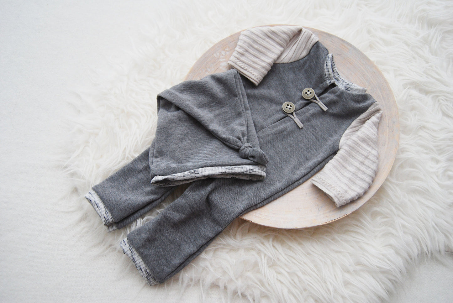 Gray photo prop, newborn romper and sleepy hat, photography outfit for baby boys