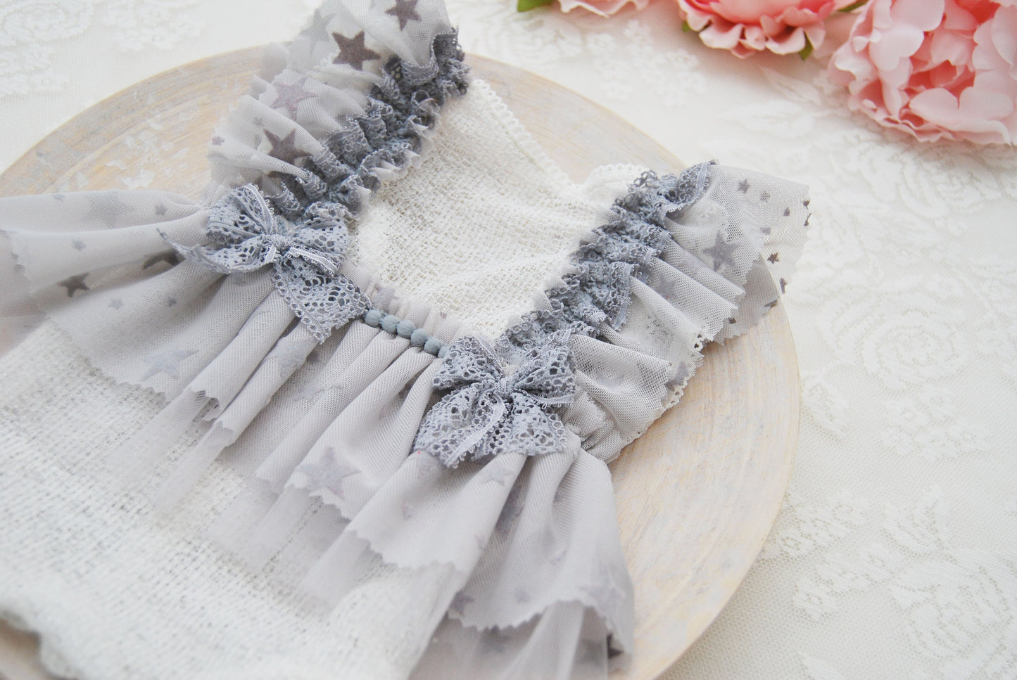 Newborn romper photo prop, baby girl outfit, lace romper with ruffles, light gray