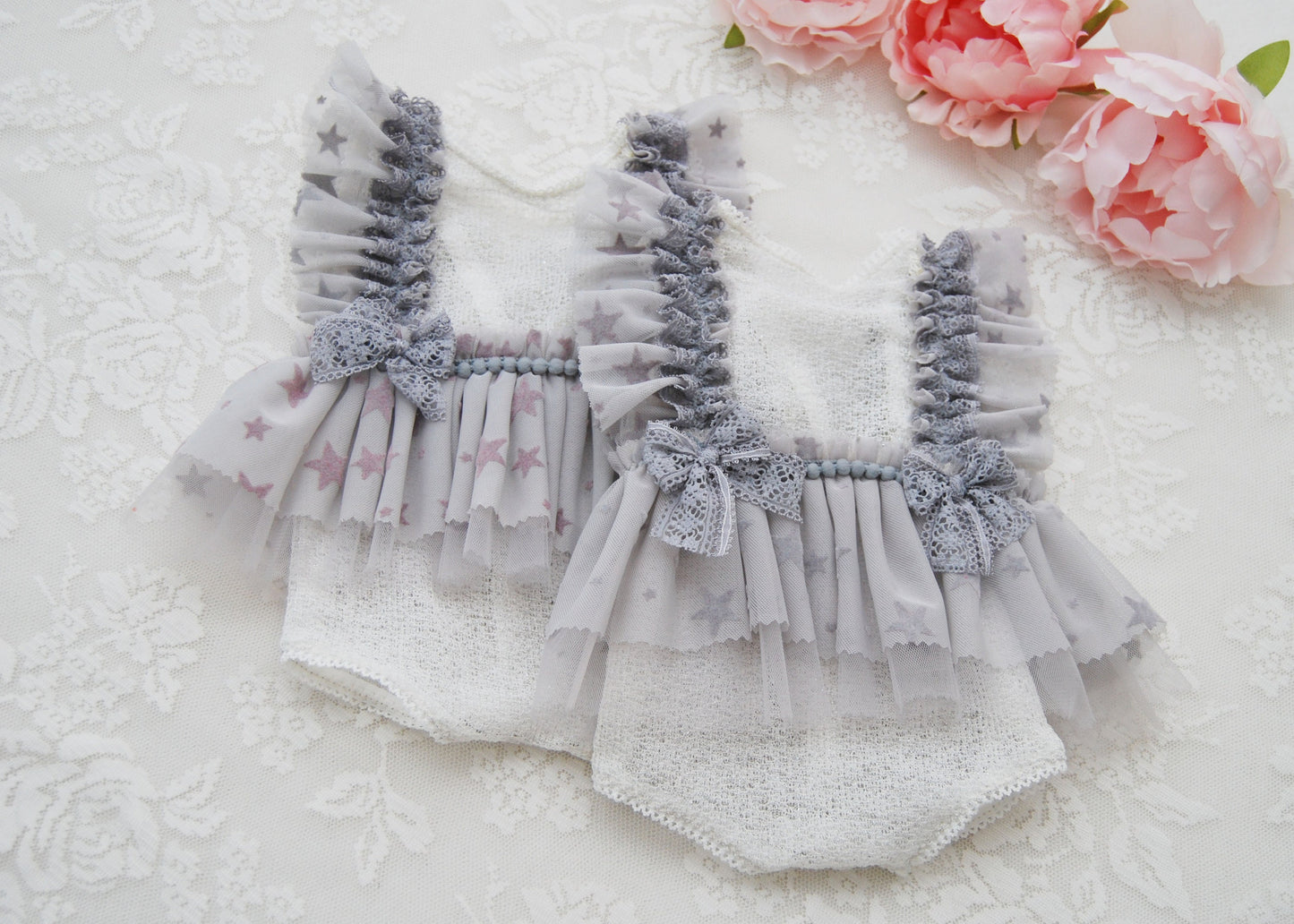 Newborn romper photo prop, baby girl outfit, lace romper with ruffles, light gray