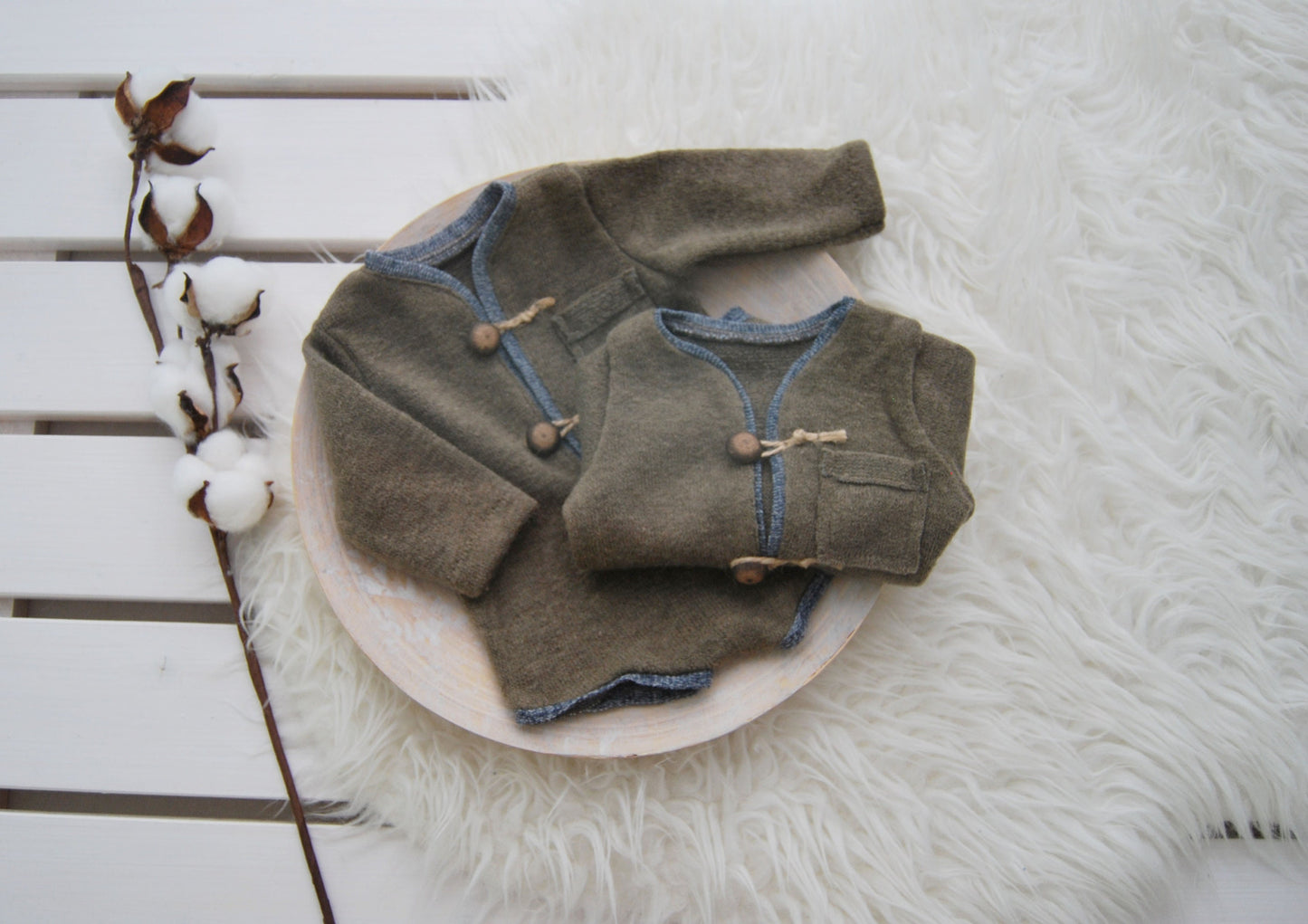 Newborn boy romper and pillow set for photography, brown blue baby boy outfit photo prop