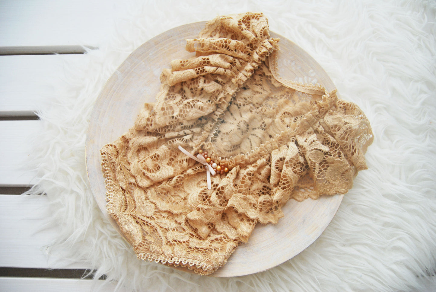 Lace romper newborn photo prop, golden beige baby girl romper with ruffles, newborn photography prop