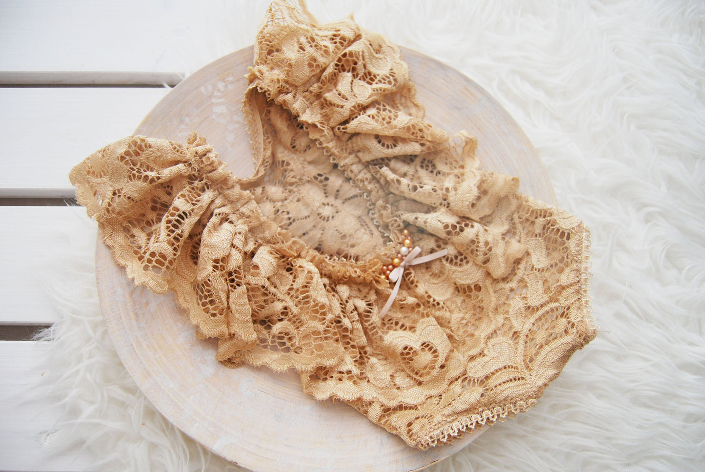 Lace romper newborn photo prop, golden beige baby girl romper with ruffles, newborn photography prop