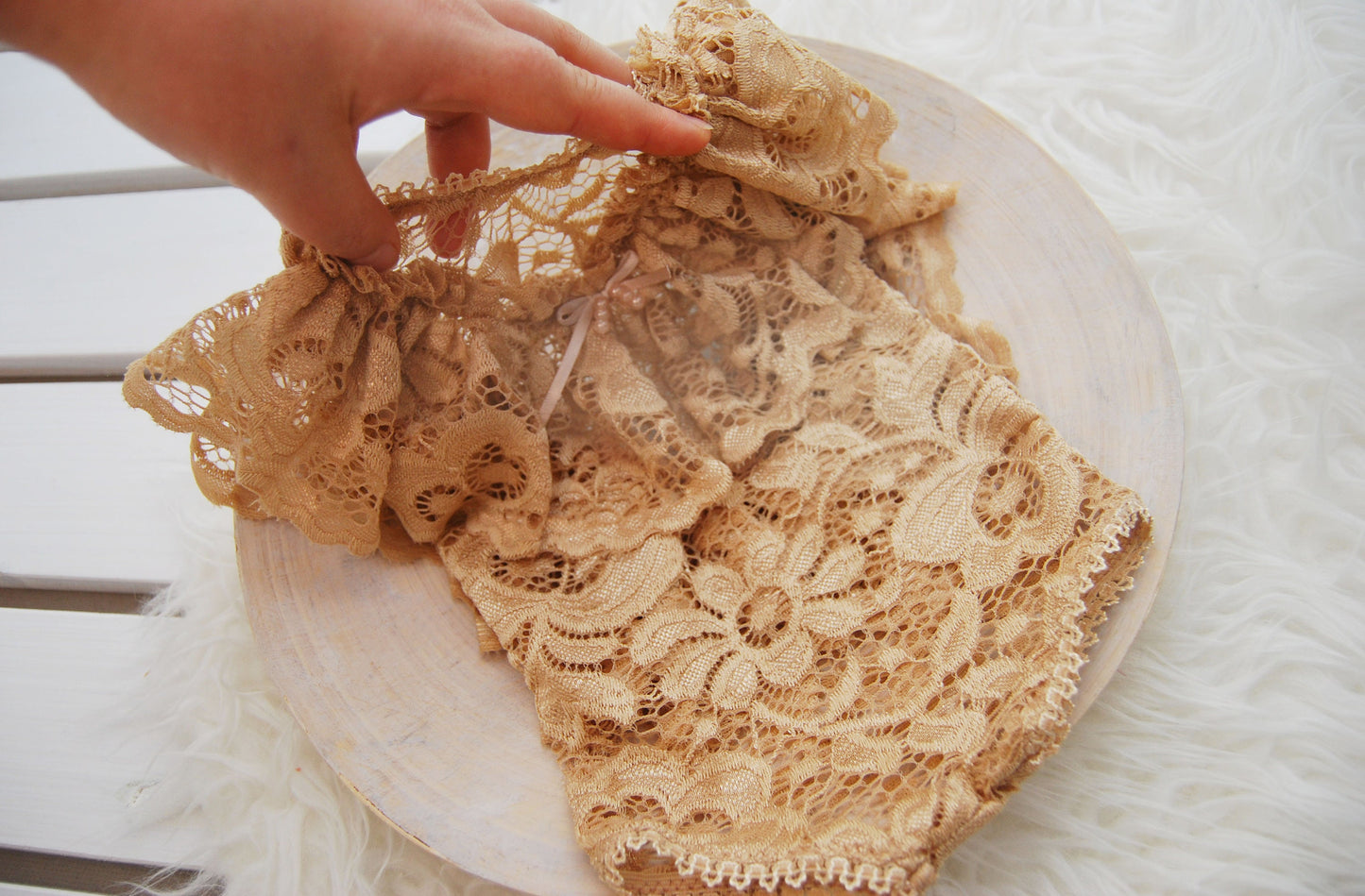 Lace romper newborn photo prop, golden beige baby girl romper with ruffles, newborn photography prop