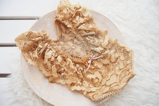 Lace romper newborn photo prop, golden beige baby girl romper with ruffles, newborn photography prop