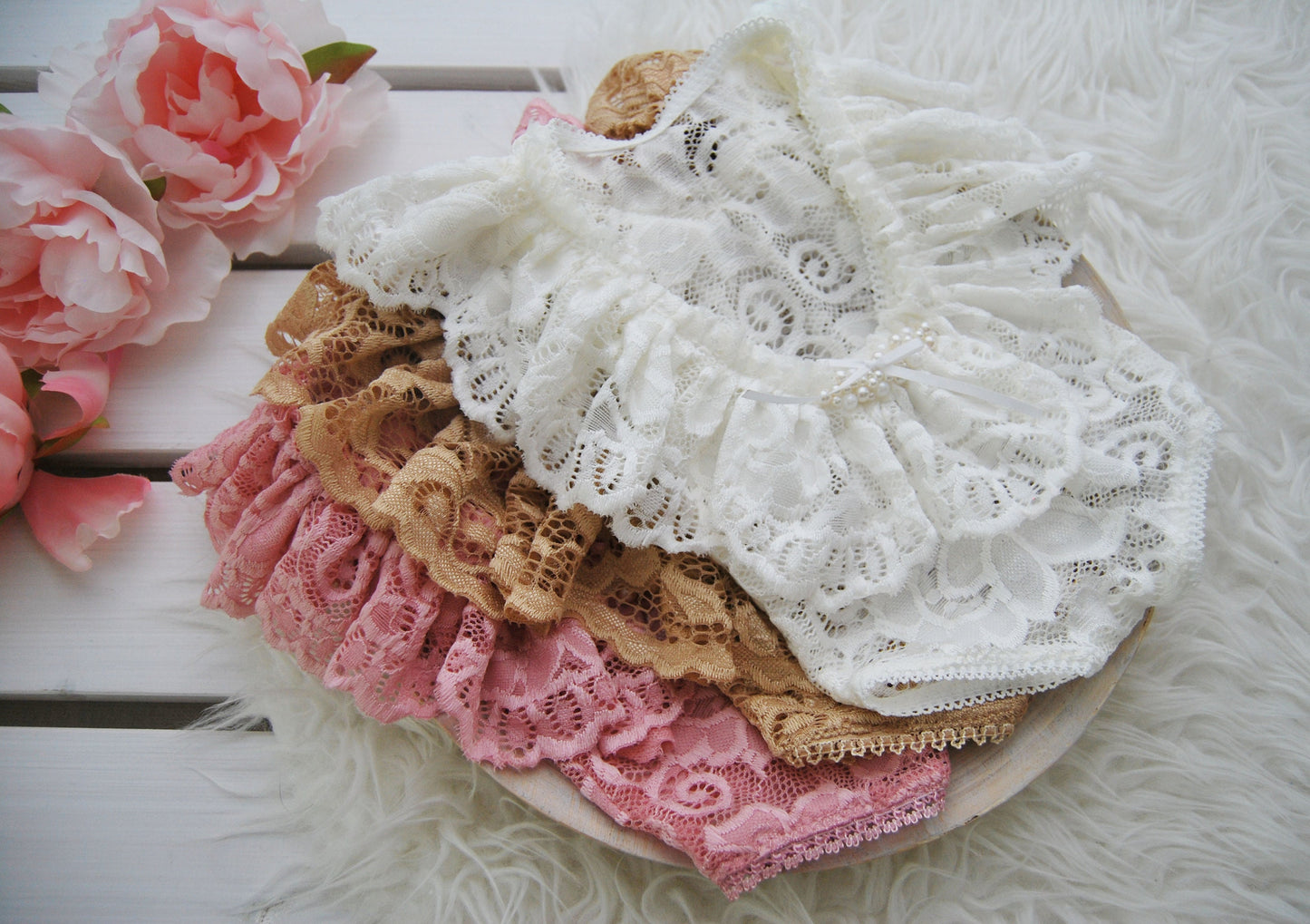 Lace romper newborn photo prop, golden beige baby girl romper with ruffles, newborn photography prop