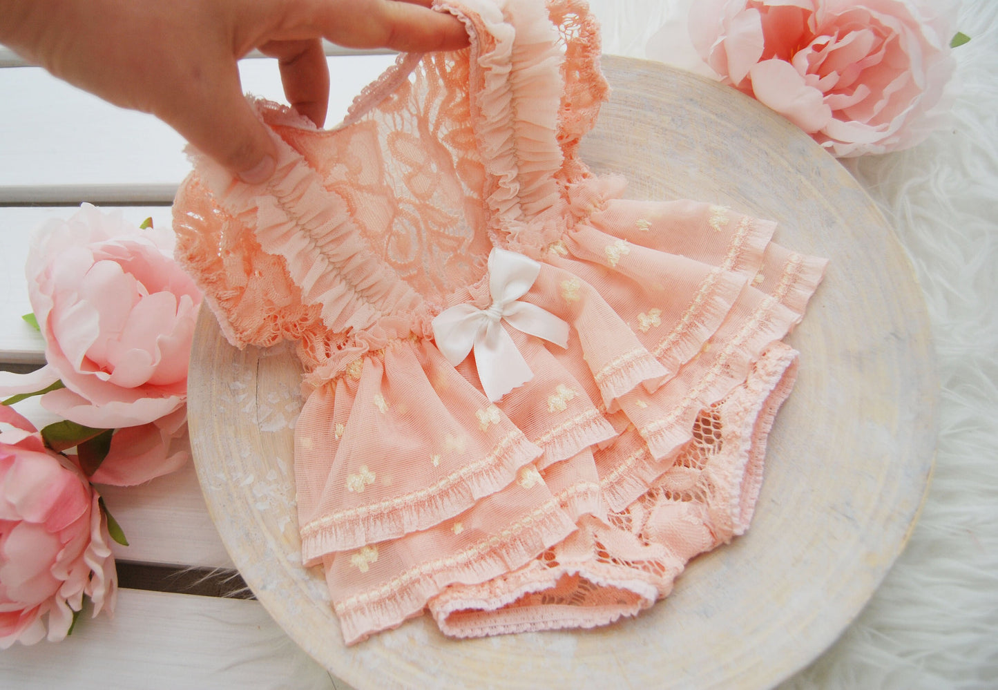 Newborn girl dress for photography, newborn photo prop romper, pink lace ruffled romper