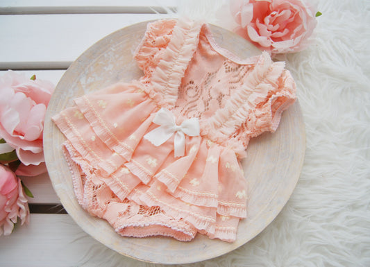 Newborn girl dress for photography, newborn photo prop romper, pink lace ruffled romper