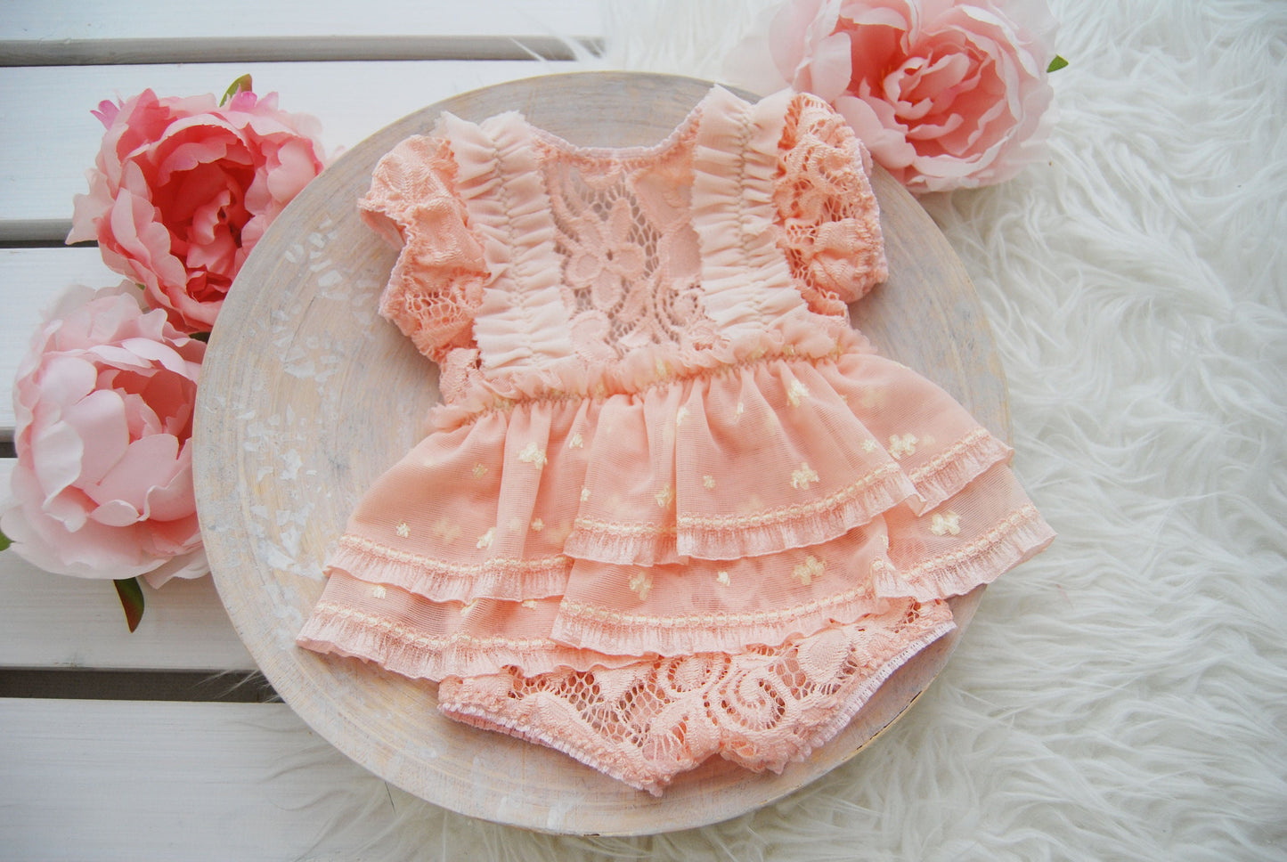 Newborn girl dress for photography, newborn photo prop romper, pink lace ruffled romper