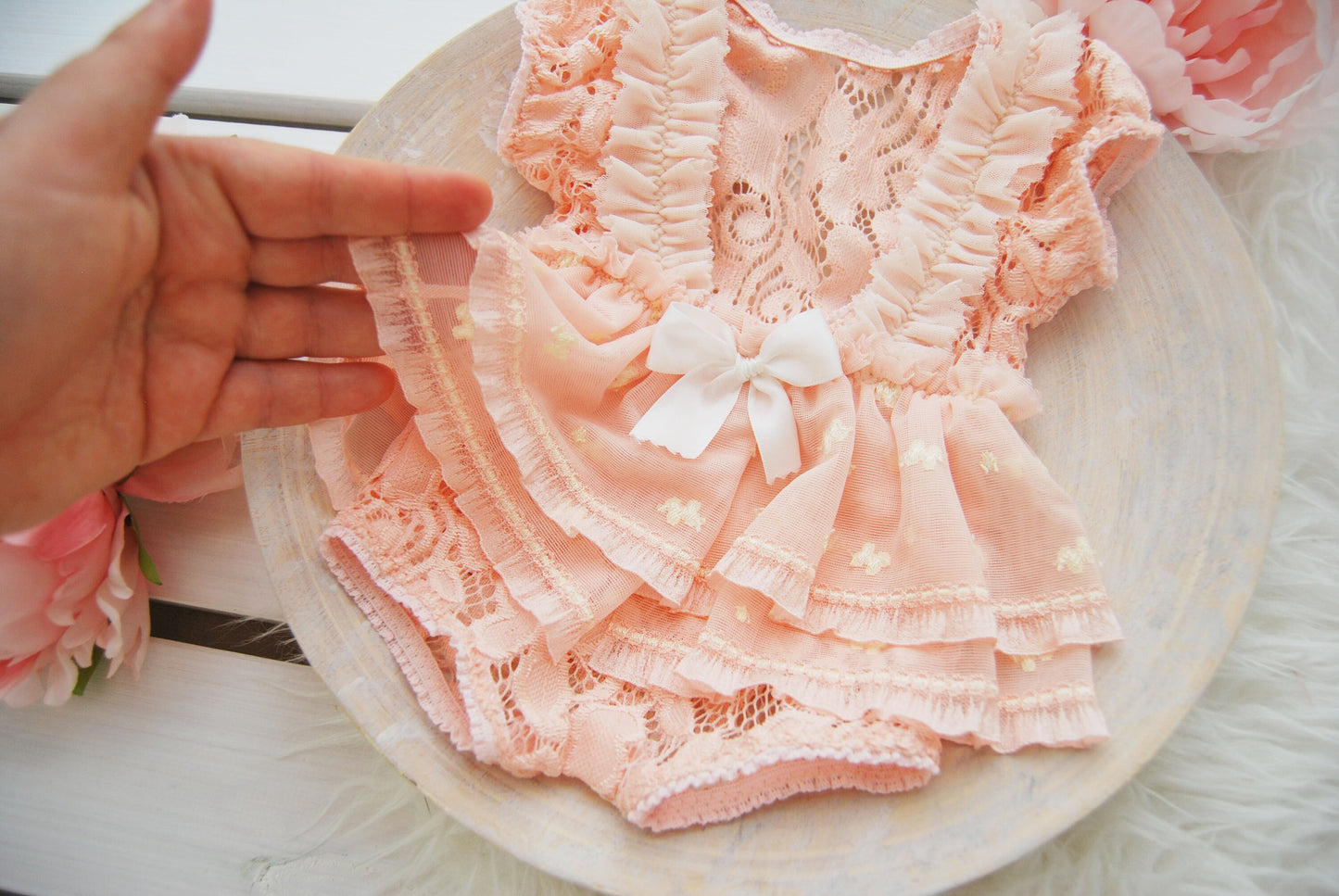 Newborn girl dress for photography, newborn photo prop romper, pink lace ruffled romper