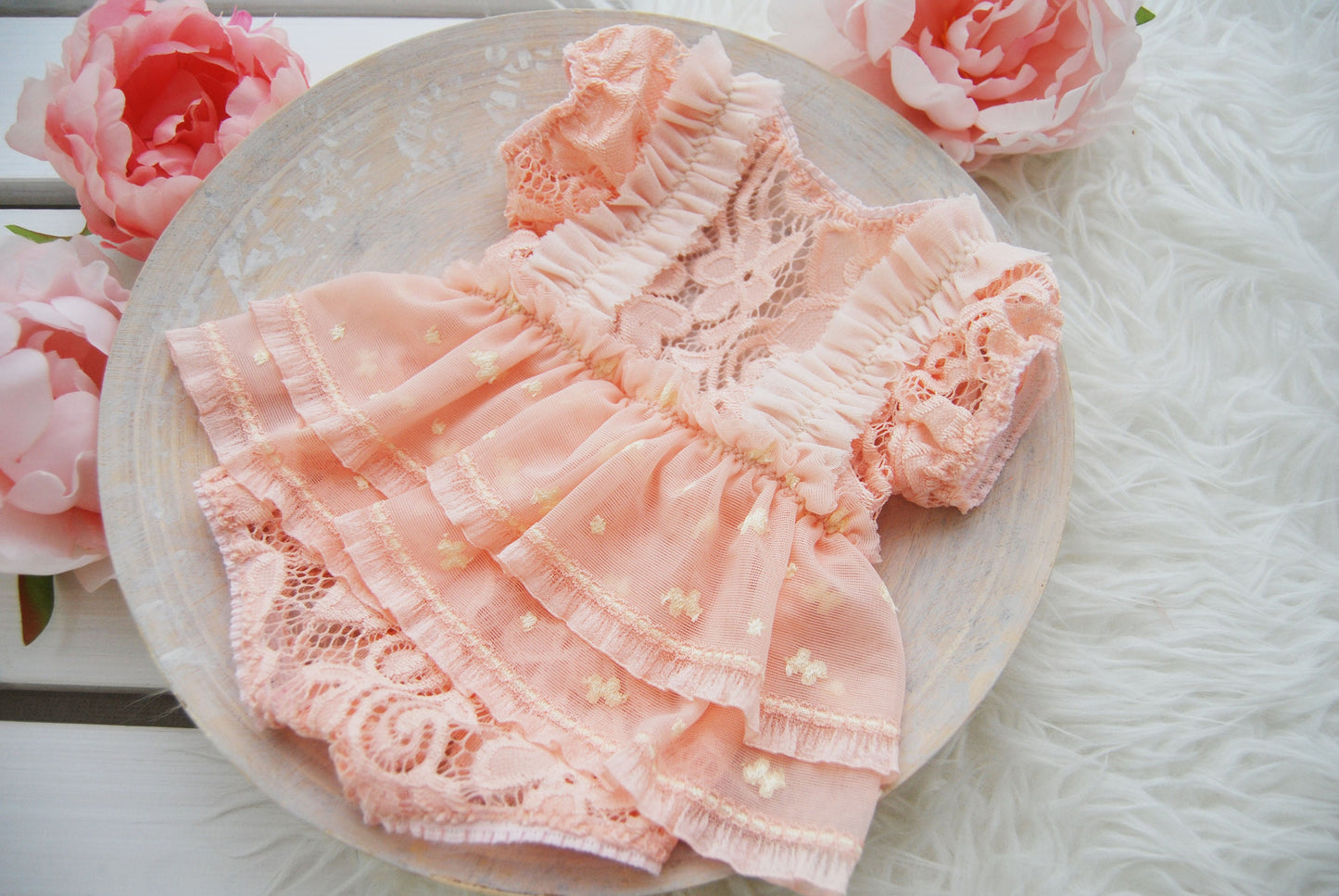 Newborn girl dress for photography, newborn photo prop romper, pink lace ruffled romper