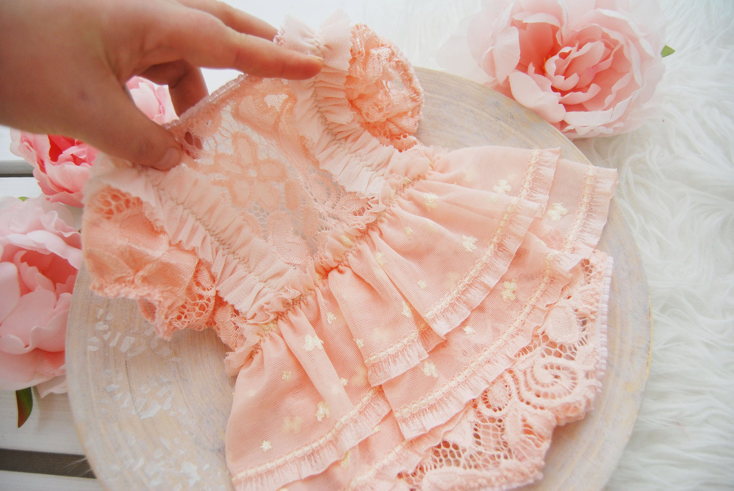 Newborn girl dress for photography, newborn photo prop romper, pink lace ruffled romper