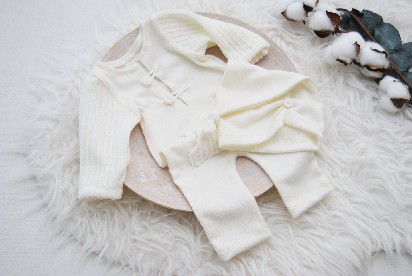 White newborn photo prop set: romper and hat, newborn boy outfit