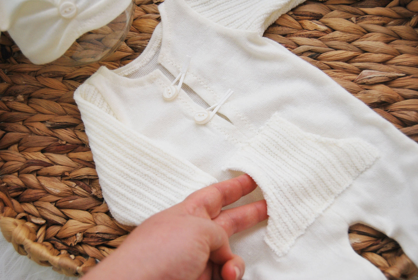 White newborn photo prop set: romper and hat, newborn boy outfit