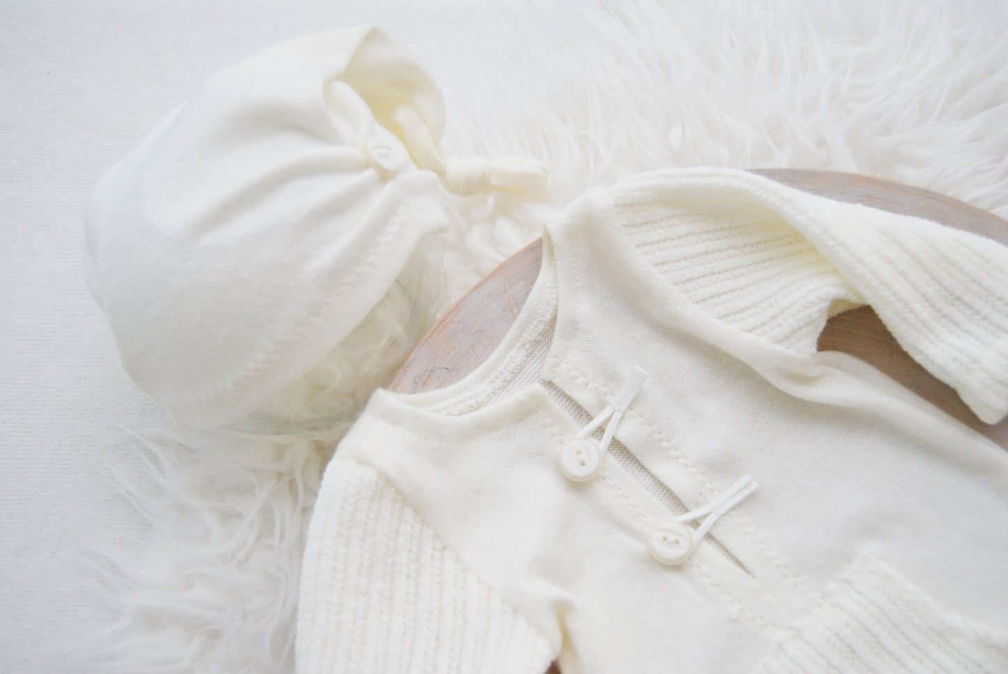 White newborn photo prop set: romper and hat, newborn boy outfit