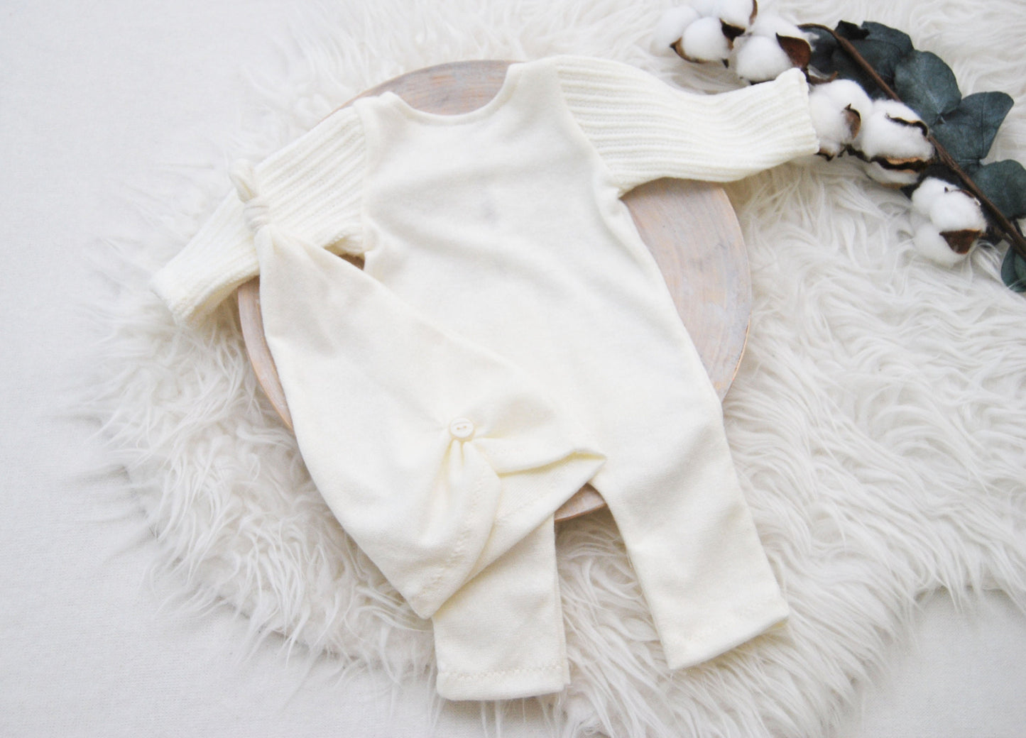 White newborn photo prop set: romper and hat, newborn boy outfit