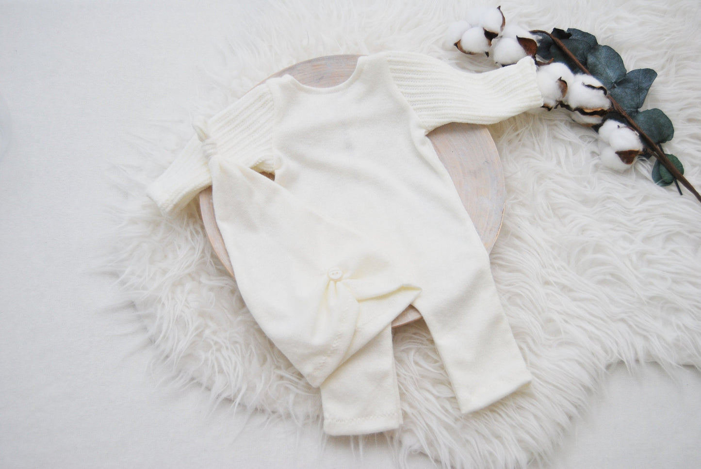 White newborn photo prop set: romper and hat, newborn boy outfit