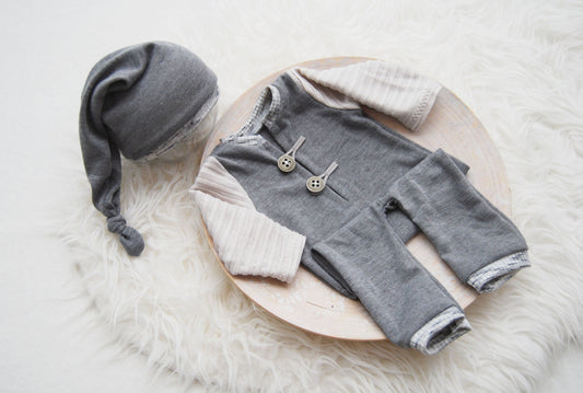 Gray photo prop, newborn romper and sleepy hat, photography outfit for baby boys