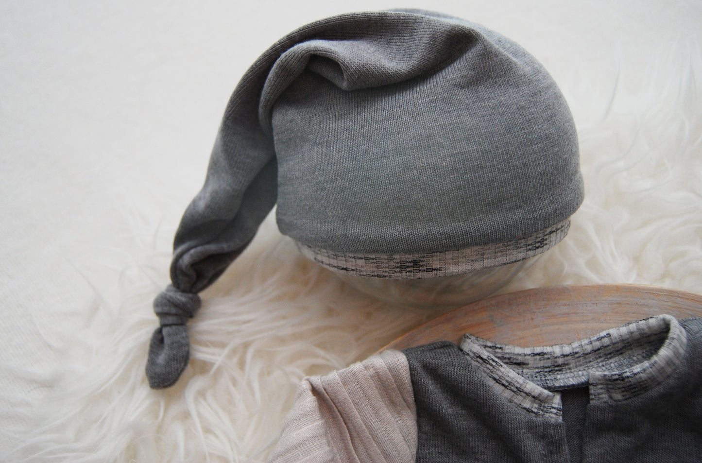 Gray photo prop, newborn romper and sleepy hat, photography outfit for baby boys