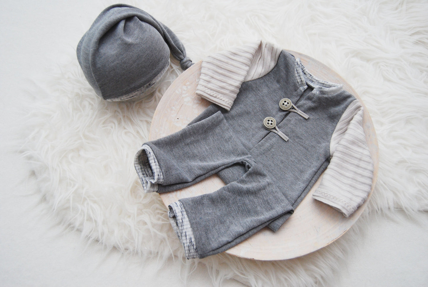 Gray photo prop, newborn romper and sleepy hat, photography outfit for baby boys