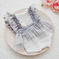 Gray newborn romper for photograph shoots with lace ruffled skirt. Ideal as baby shower gift, newborn photo prop