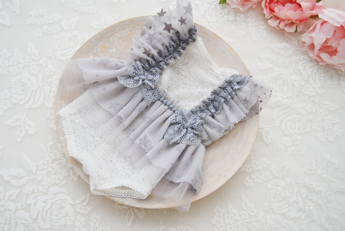 Newborn romper photo prop, baby girl outfit, lace romper with ruffles, light gray