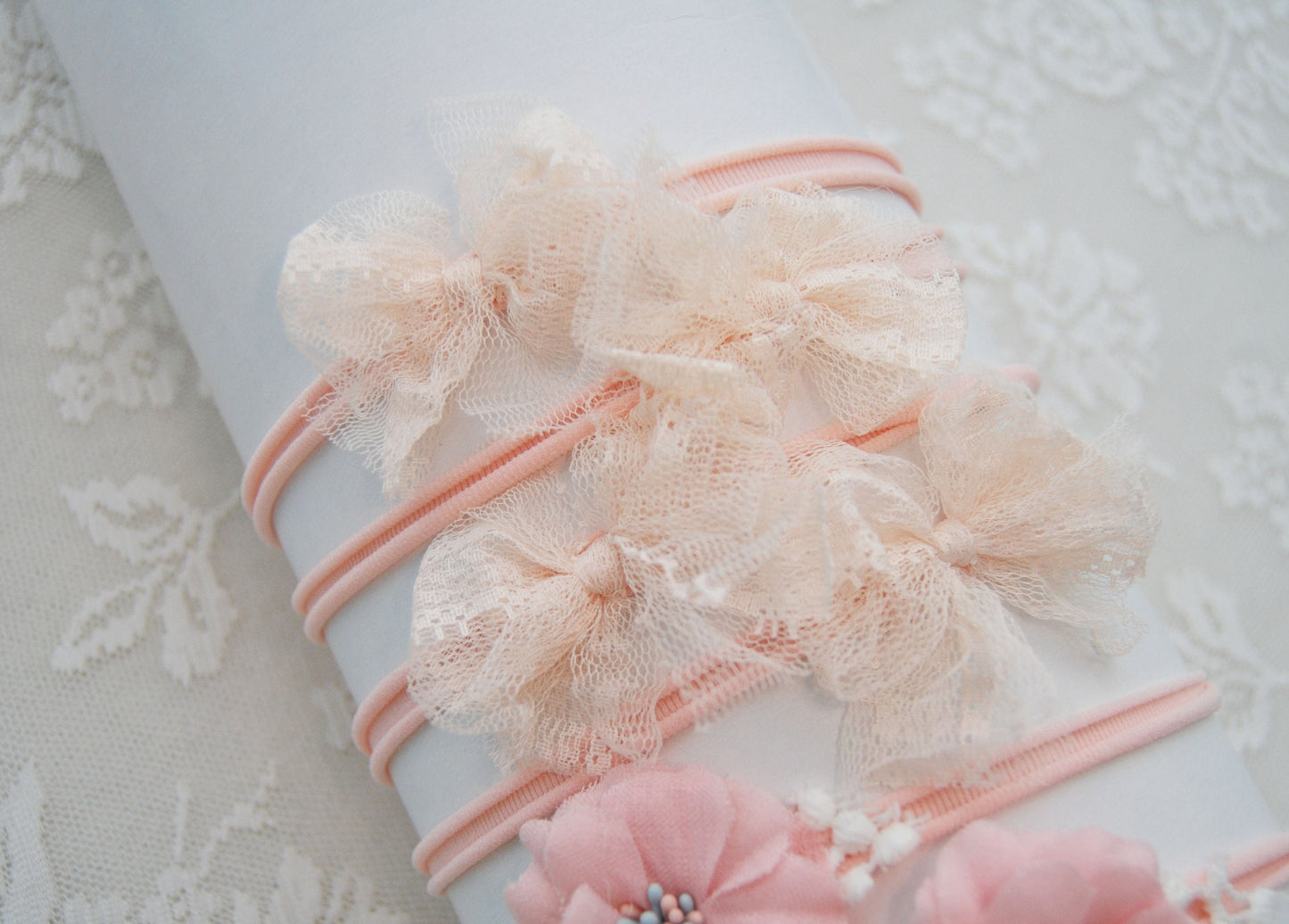 Bow headband newborn photo prop, lace baby headband