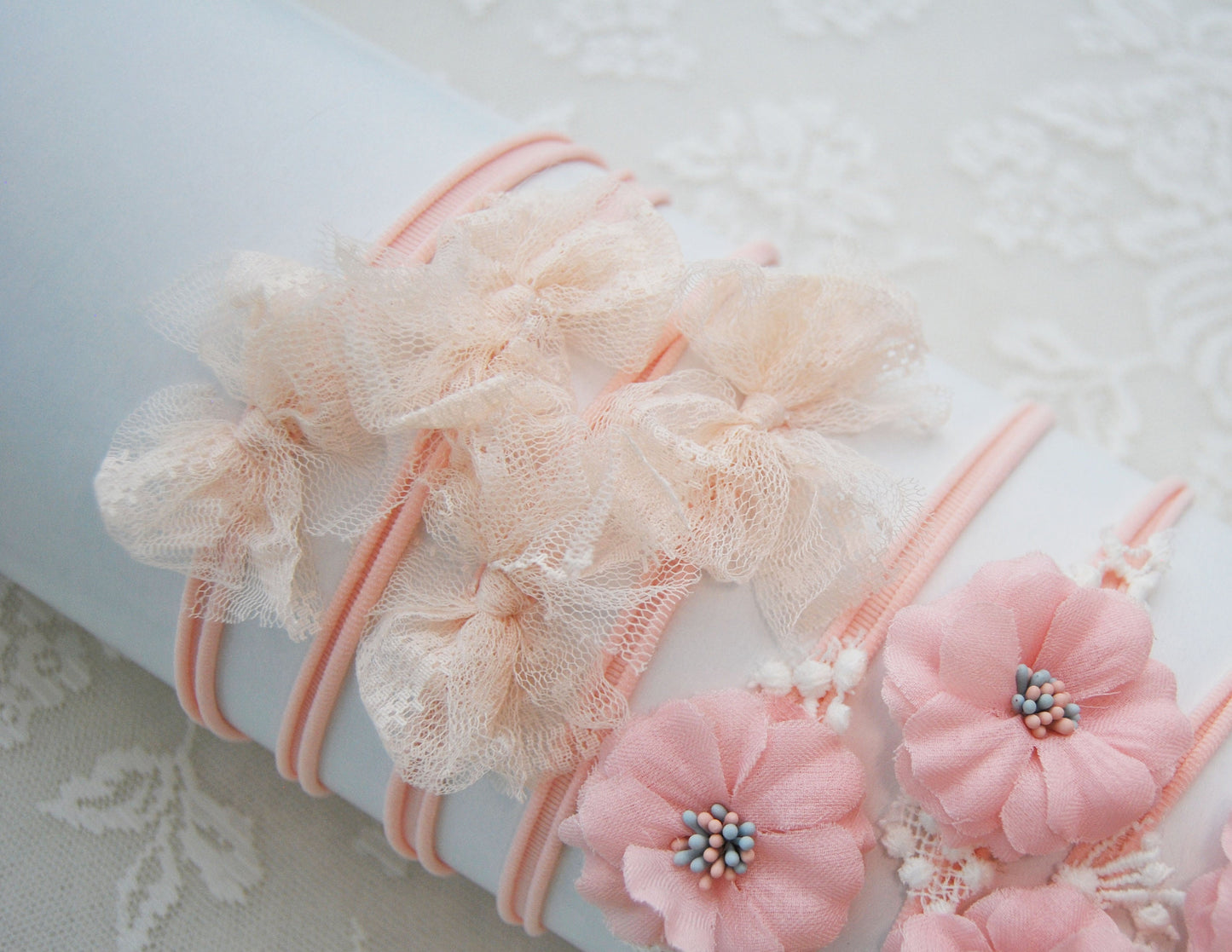 Bow headband newborn photo prop, lace baby headband