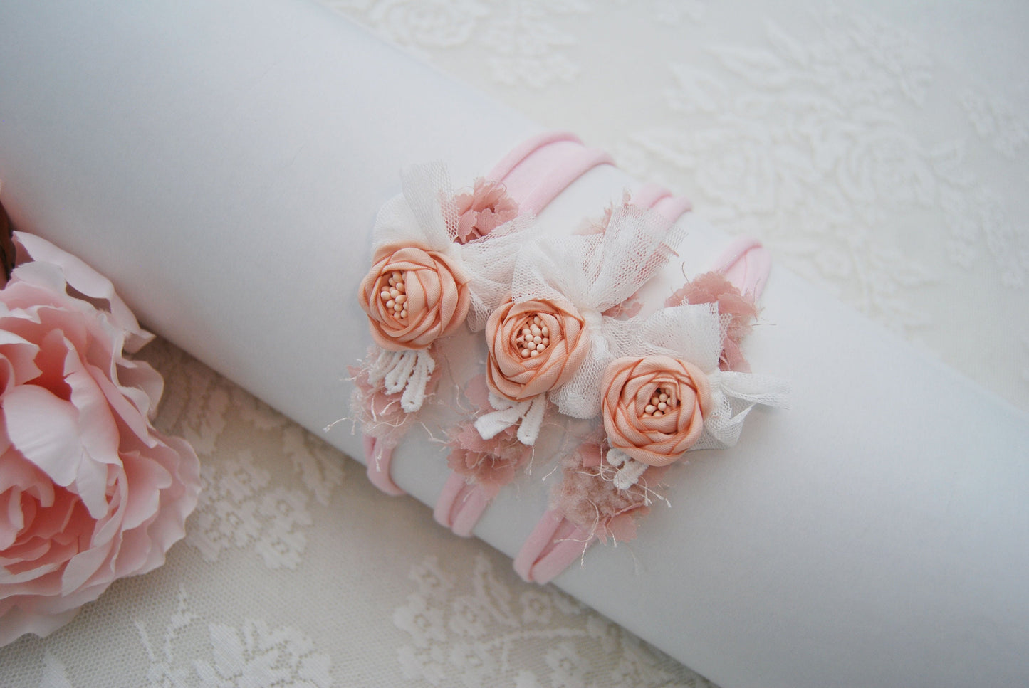 Flower baby girl headband photo prop, newborn photography tieback headband