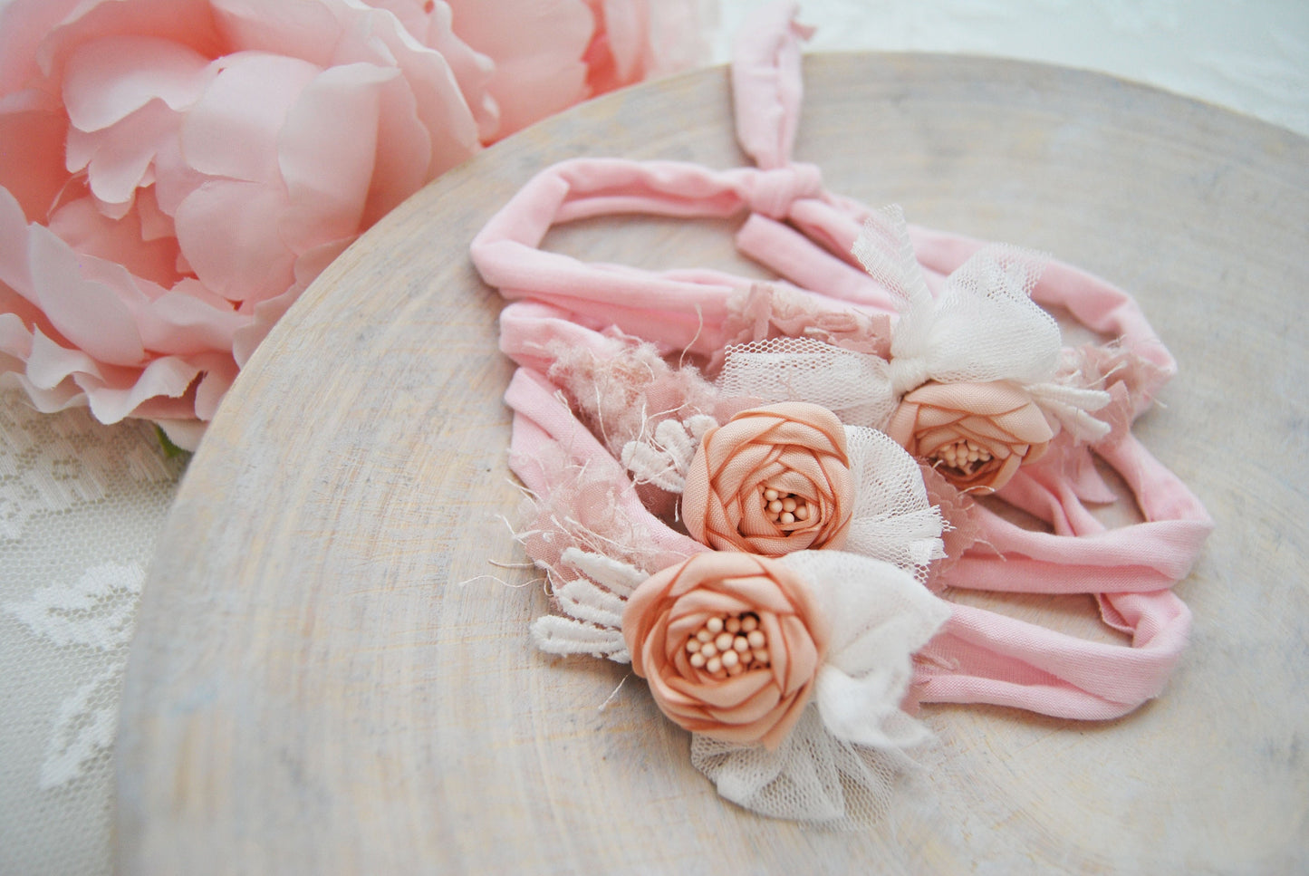 Flower baby girl headband photo prop, newborn photography tieback headband