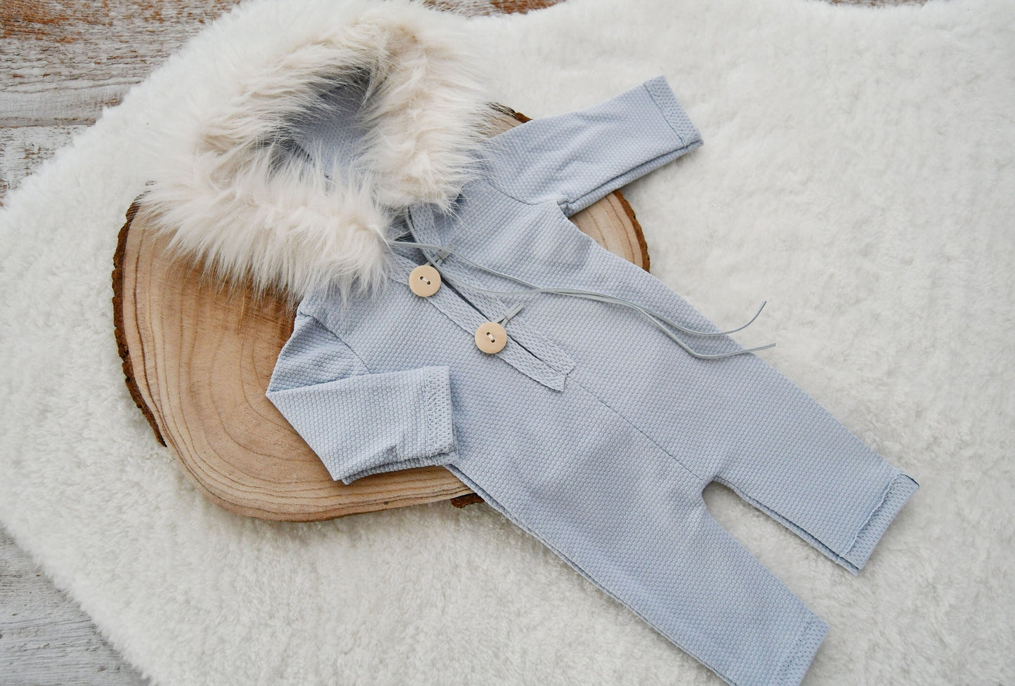 Newborn Boy Outfit Photography, Hooded Romper Photo Prop, Newborn Romper with Fur Hood, Photography Prop Outfit Baby Boy - Light Blue