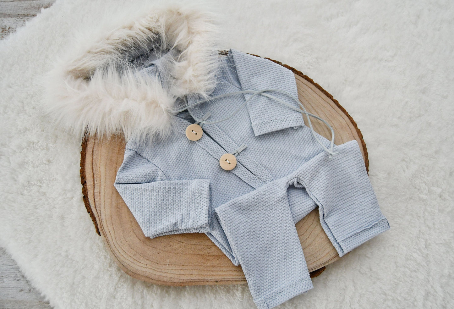 Newborn Boy Outfit Photography, Hooded Romper Photo Prop, Newborn Romper with Fur Hood, Photography Prop Outfit Baby Boy - Light Blue