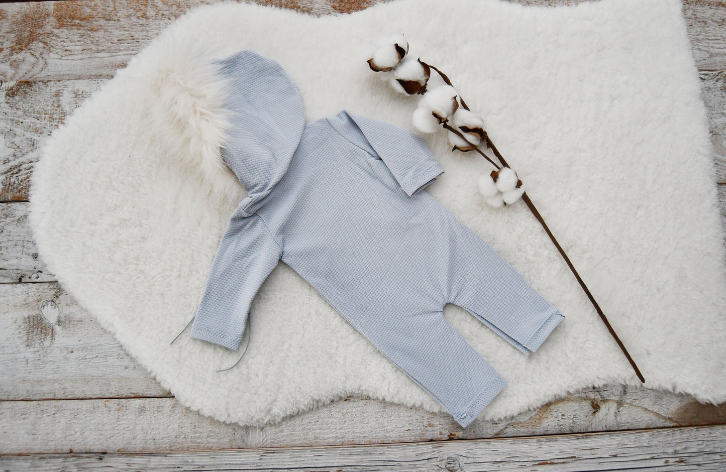 Newborn Boy Outfit Photography, Hooded Romper Photo Prop, Newborn Romper with Fur Hood, Photography Prop Outfit Baby Boy - Light Blue