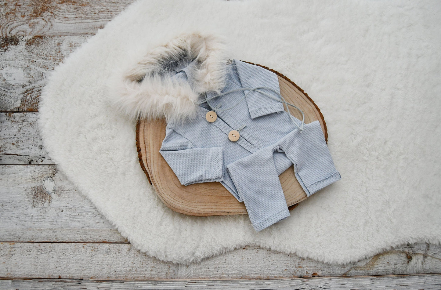 Newborn Boy Outfit Photography, Hooded Romper Photo Prop, Newborn Romper with Fur Hood, Photography Prop Outfit Baby Boy - Light Blue