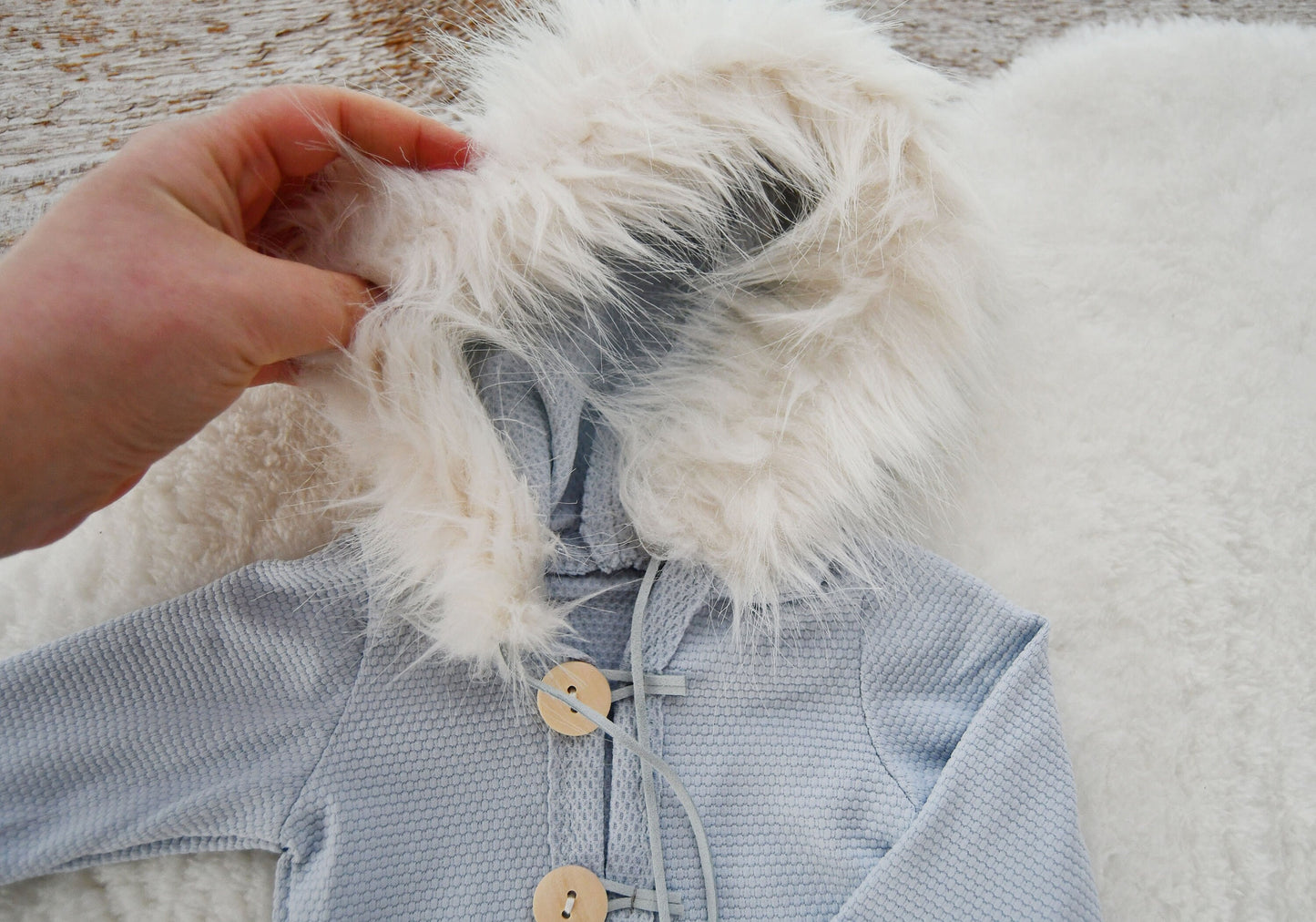 Newborn Boy Outfit Photography, Hooded Romper Photo Prop, Newborn Romper with Fur Hood, Photography Prop Outfit Baby Boy - Light Blue