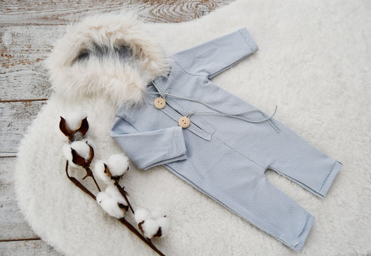 Newborn Boy Outfit Photography, Hooded Romper Photo Prop, Newborn Romper with Fur Hood, Photography Prop Outfit Baby Boy - Light Blue