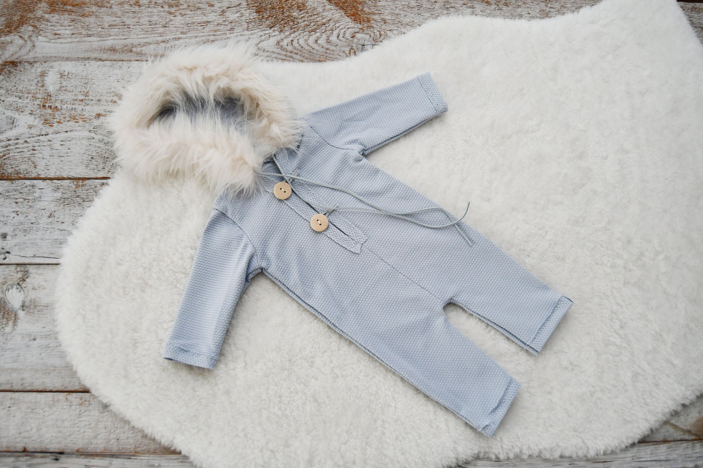 Newborn Boy Outfit Photography, Hooded Romper Photo Prop, Newborn Romper with Fur Hood, Photography Prop Outfit Baby Boy - Light Blue