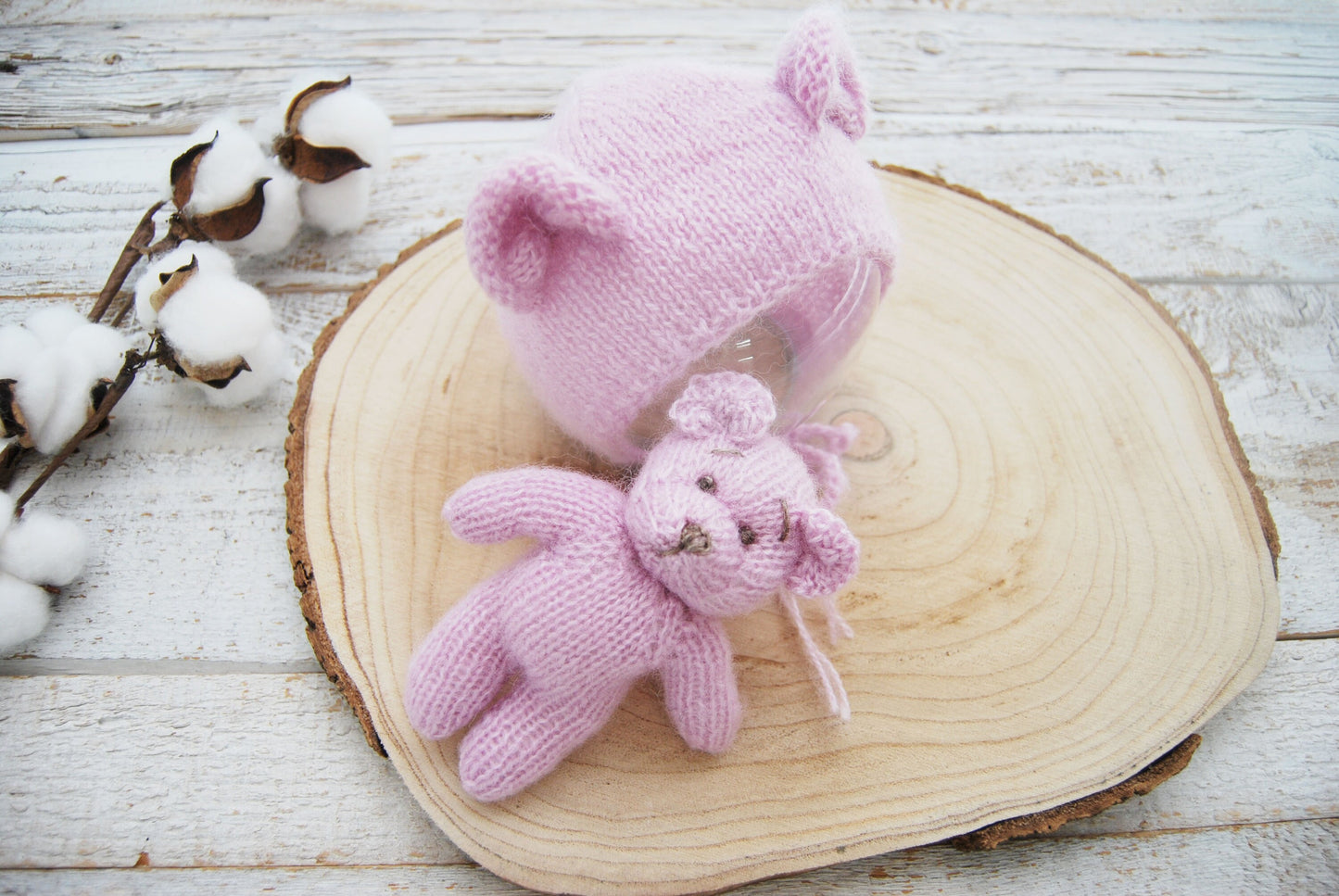 Knit Newborn Bonnet, Teddy Bear Toy, Newborn Photography Set, Knitted Teddy Bear Photo Prop, Newborn Knit Bonnet Photo Props