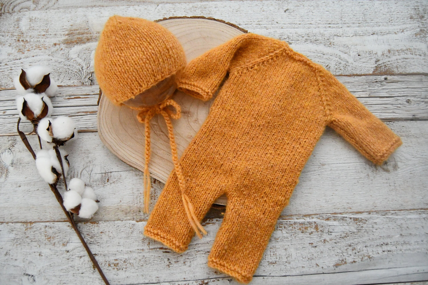 Newborn Knit Romper & Bonnet Set, Yellow Newborn Photo Prop Outfit, Photography Set, Knitted Romper Baby, Photography Props