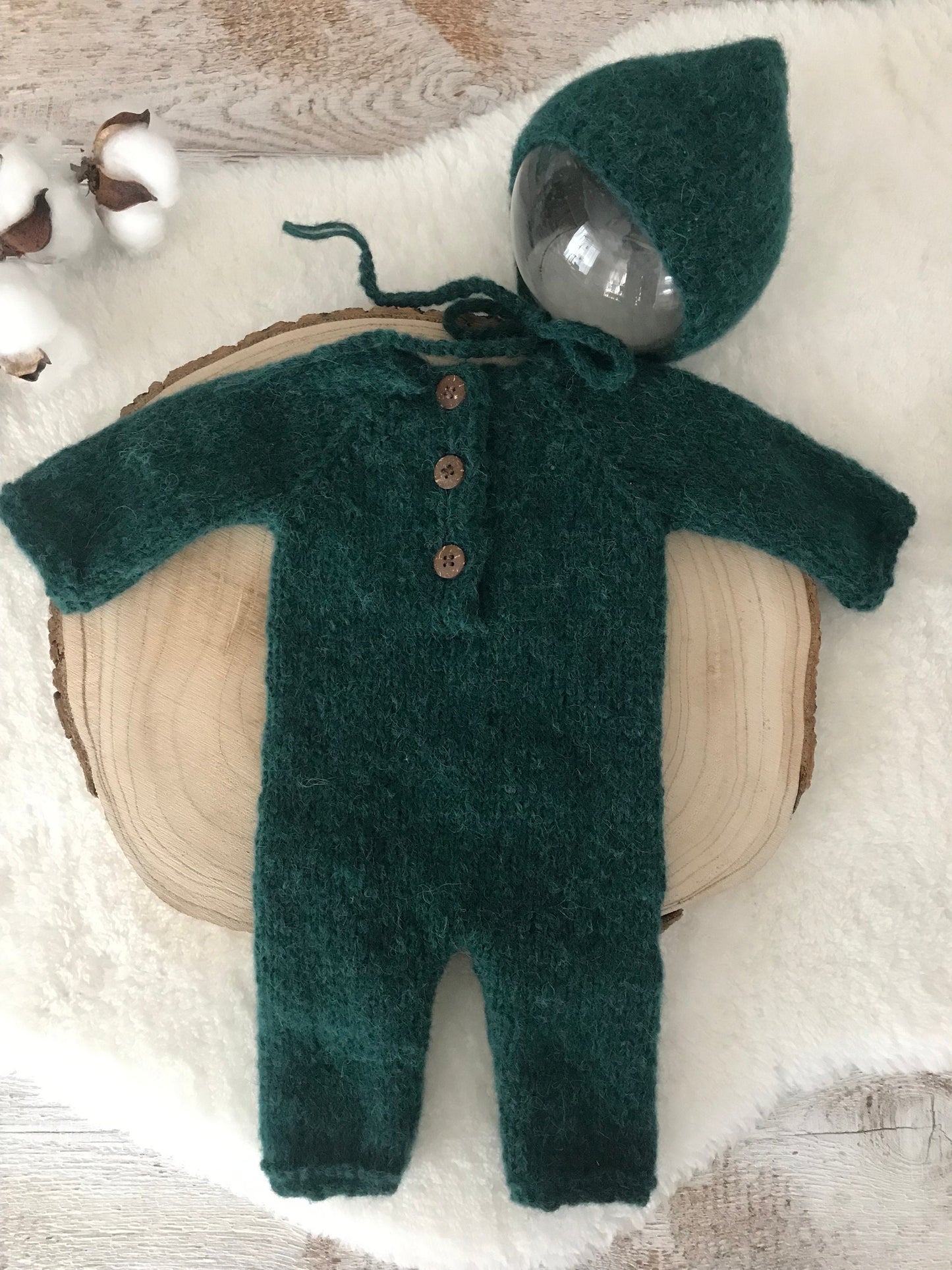 Knit Baby Boy Romper, FOREST GREEN Overall for Photo Shoot, Newborn Photography Romper, Newborn Boy Knitted Romper and Hat, Knit Hat Baby