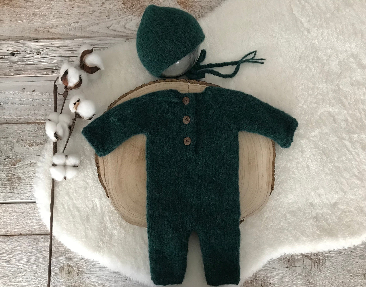 Knit Baby Boy Romper, FOREST GREEN Overall for Photo Shoot, Newborn Photography Romper, Newborn Boy Knitted Romper and Hat, Knit Hat Baby