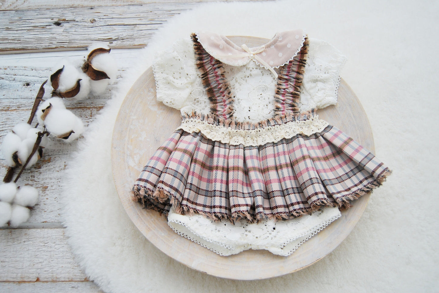 Newborn Girl Outfit for Back to School Photoshoots, Lace Newborn Romper and Pleated Skirt, Tieback Headband, Newborn Photography Set