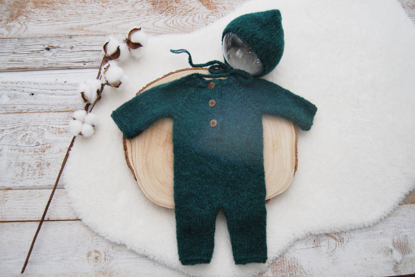 Knit Baby Boy Romper, FOREST GREEN Overall for Photo Shoot, Newborn Photography Romper, Newborn Boy Knitted Romper and Hat, Knit Hat Baby