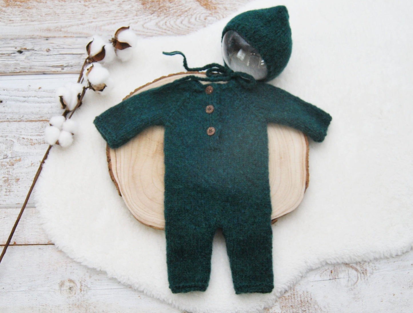 Knit Baby Boy Romper, FOREST GREEN Overall for Photo Shoot, Newborn Photography Romper, Newborn Boy Knitted Romper and Hat, Knit Hat Baby