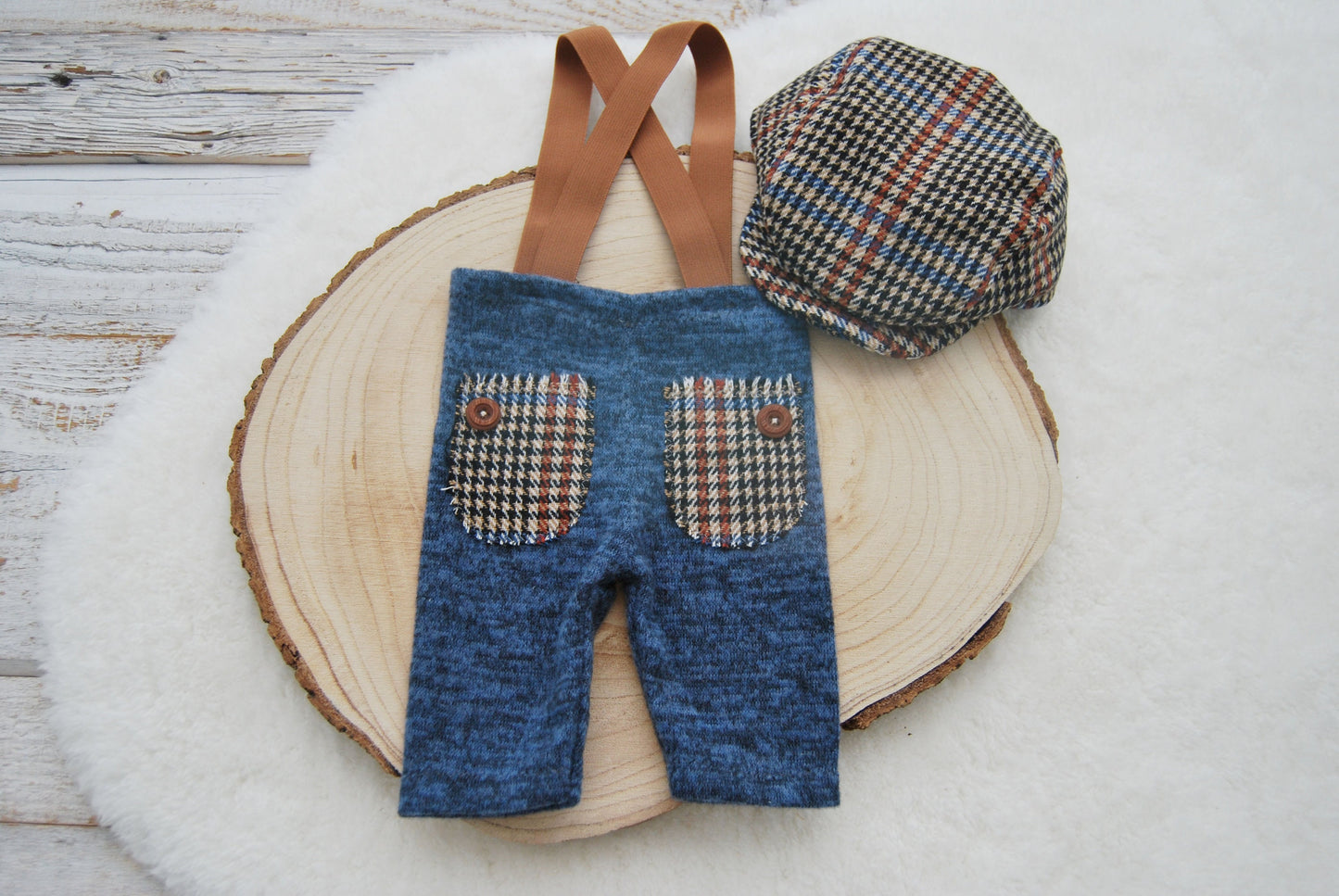 Newborn Boy Set: Pants & Newsboy Hat; Newborn Photo Outfit; Photography Prop for Newborn Boys, Blue Boy Pants and Hat Set; Newborn Props