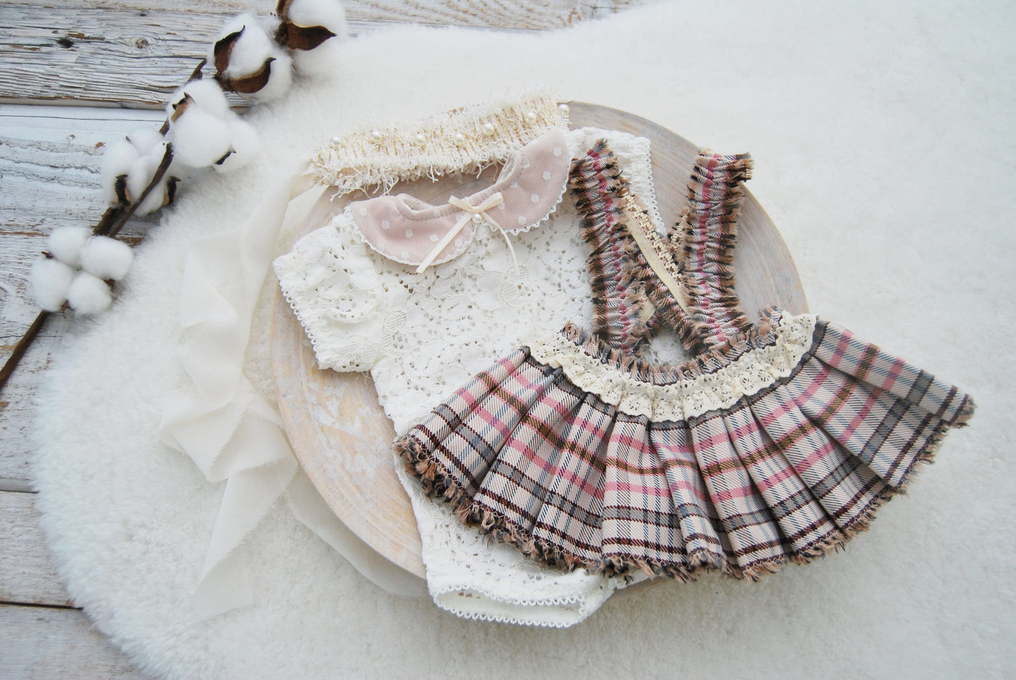 Newborn Girl Outfit for Back to School Photoshoots, Lace Newborn Romper and Pleated Skirt, Tieback Headband, Newborn Photography Set