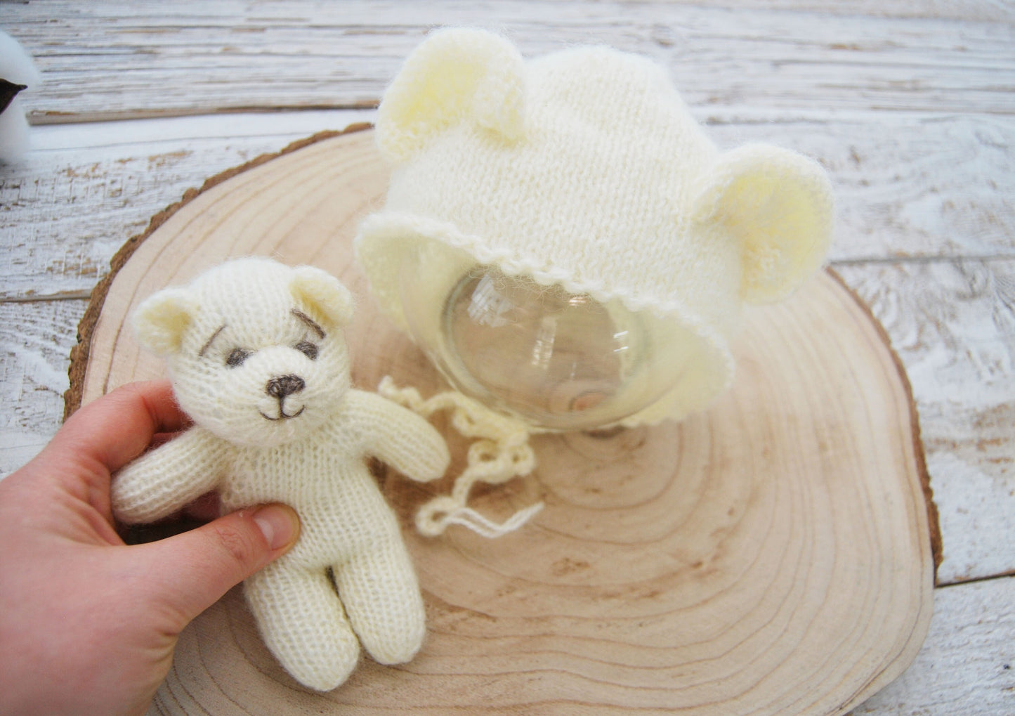 Knit Newborn Bonnet, Teddy Bear Toy, Newborn Photography Set, Knitted Teddy Bear Photo Prop, Newborn Knit Bonnet Photo Props