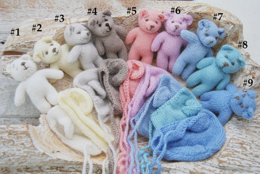 Knit Newborn Bonnet, Teddy Bear Toy, Newborn Photography Set, Knitted Teddy Bear Photo Prop, Newborn Knit Bonnet Photo Props