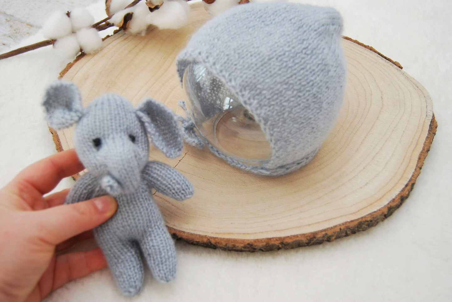 Knitted Toy Newborn Photo Prop - CHOOSE COLOR, Elephant Toy & Bonnet, Knit Newborn Props, Newborn Cuddle Toy, Photography Props