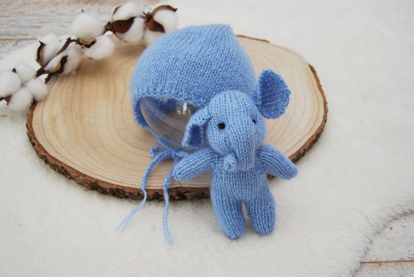 Knitted Toy Newborn Photo Prop - CHOOSE COLOR, Elephant Toy & Bonnet, Knit Newborn Props, Newborn Cuddle Toy, Photography Props