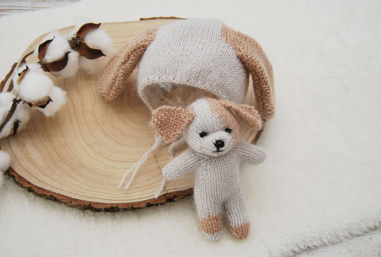 Newborn Toy Photo Prop, DOG Cuddle Toy & Newborn Bonnet, Newborn Props, Photography Set, Newborn Lovey